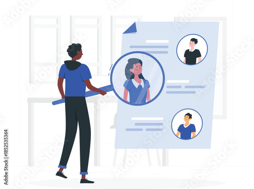 Man holding magnifying glass over large resume with portraits job search