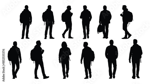 group of people in various poses and carrying backpacks depicted as a black silhouette