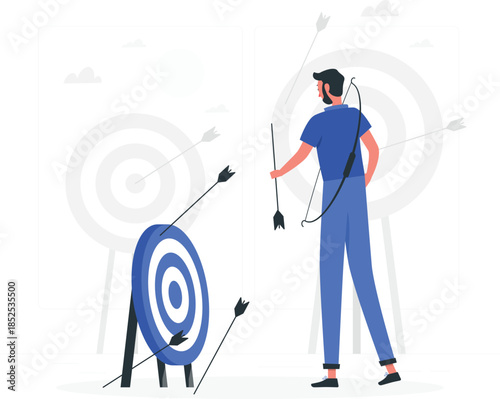 Man in blue hitting archery target with multiple arrows blue clothes des