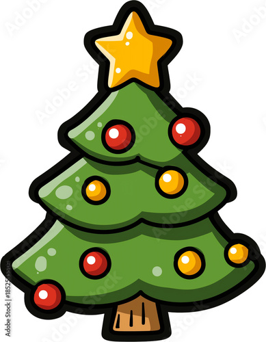 Cute green Christmas tree icon with colorful ornaments and star