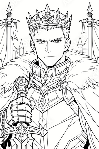 A powerful king wearing a crown and fur-lined armor holds a sword in this detailed coloring page.