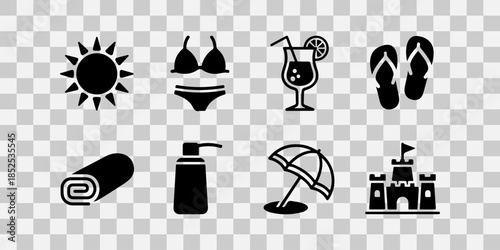 Summer vacation icons set on gray checkered background