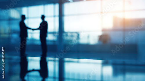 Two business people shaking hands in modern office with large windows and bright natural light creating professional atmosphere