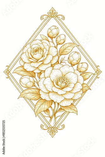 An elegant gold line art illustration of blooming camellia flowers within a decorative diamond frame.