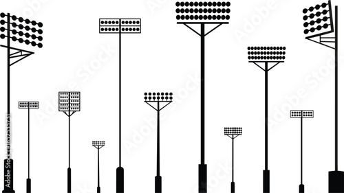 Collection of stadium floodlight silhouettes with different light panel configurations spotlight pole