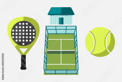 Flat Design Illustration of Padel Racket, Court, and Ball for Sports Concepts