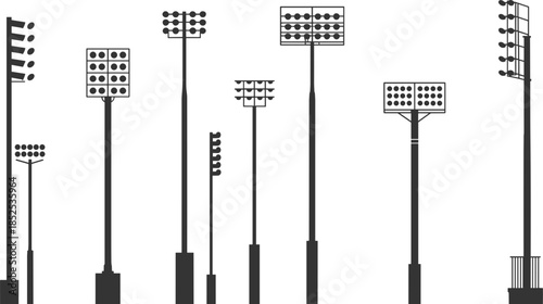 Set of stadium floodlight silhouettes of various sizes and designs spotlight pole