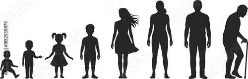 Silhouettes of people showing different ages from baby to elderly man Keywords: silhouette, people, age, progression, life
