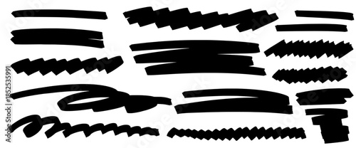 Bold textured shapes created with marker and paint on paper, using highlight to define the line. Loose underline accents on paper enhance marker depth and highlight movement along each line underline.