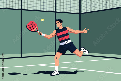 Padel Player in Action Hitting Ball with Racket on Green Court