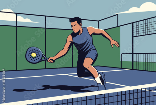 Dynamic Male Athlete Playing Padel Tennis on an Outdoor Court