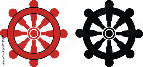 Red and black simple graphic icon of a ship steering wheel on white background. Vector