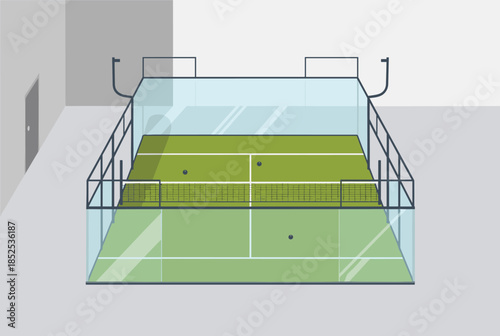 Padel Court Illustration in an Indoor Sports Facility with Balls