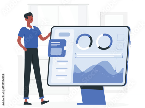 Man presenting data on large computer monitor with graphs and charts presentation des