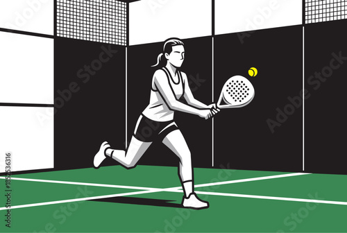 Dynamic Female Padel Player Hitting Ball on Indoor Court