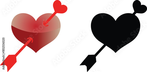 A stylized red gradient heart icon pierced by a cupid arrow, next to a black silhouette version Vector