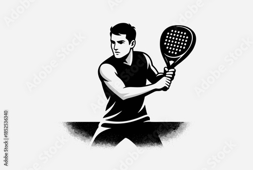 Male Padel Player Holding a Racket, Ready to Play in Graphic Illustration Style