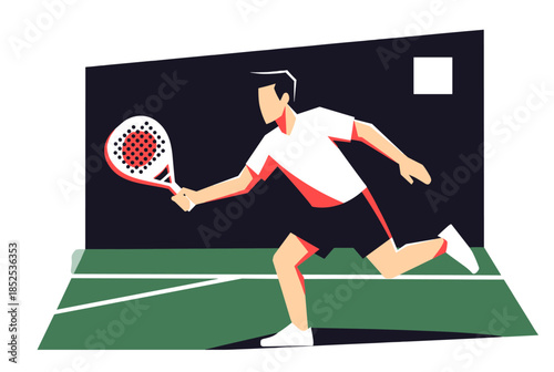 Dynamic Male Padel Player Hitting a Shot on a Modern Green Court Illustration