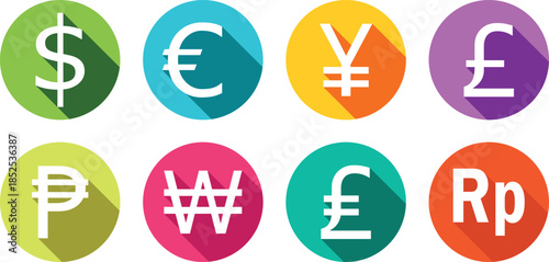 Flat Design Global Currency Icon Set with Long Shadows - Dollar Euro Yen Pound Symbols
