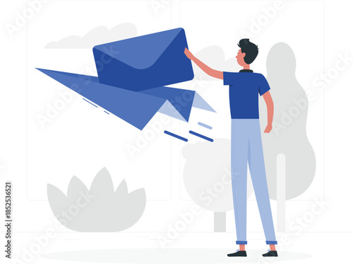 Man sending blue paper airplane email