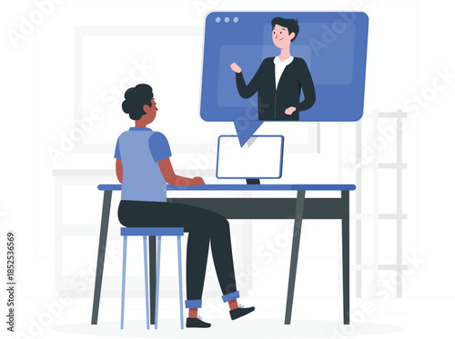 Man sitting at desk with computer and call on screen chair