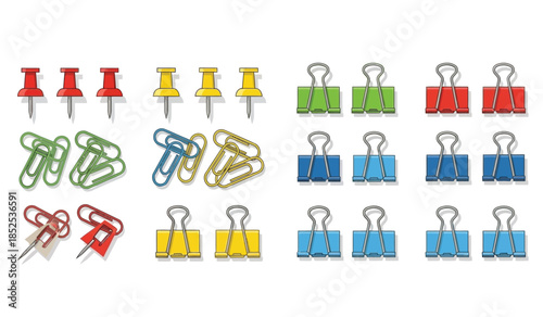 a colorful arrangement of various office supplies including push pins binder clips and paper clips neatly displayed on a white background
