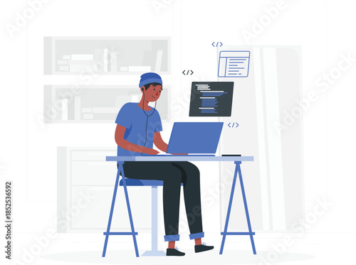 Man sitting at desk with laptop and coding symbols computer programming
