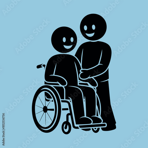 A caregiver helps a person in a wheelchair, symbolizing care and support.