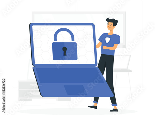 Man standing next to large blue laptop with padlock on screen security d