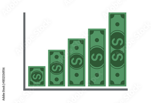 Rising bars of US dollars on a financial graph indicate growth and profitability.