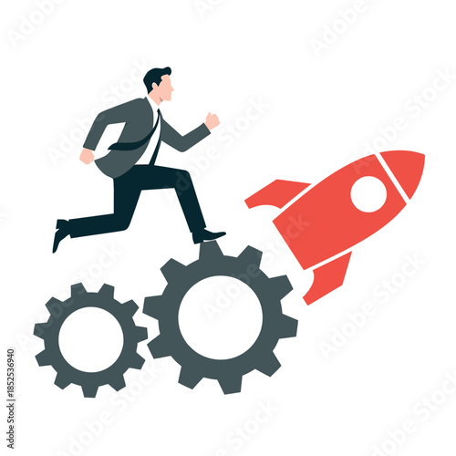 A businessman runs on gears towards a rocket symbolizing business growth and success.