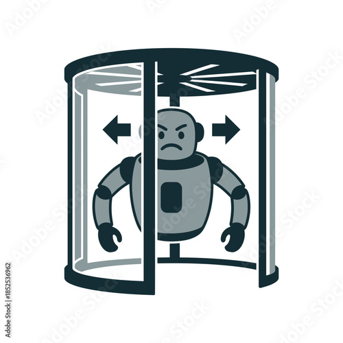 Angry robot stuck in a revolving door, representing a technological problem or impasse.