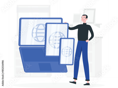 Man standing next to large computer and mobile devices with globe on screens laptop mobile phone des