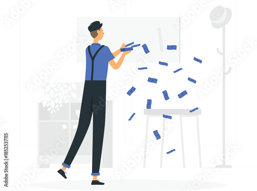 Man throwing blue money person bills