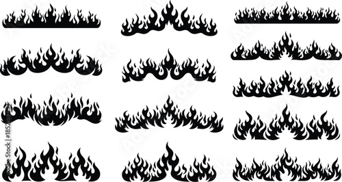 Collection of diverse black flame shapes on transparent background silhouette