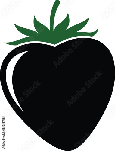 A dark strawberry graphic with green leaves on transparent background silhouette