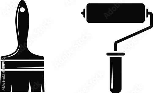 Black paint brush and roller icons artistic tools on transparent background silhouette