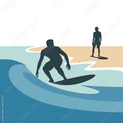 Two surfers ride waves on a sunny beach during a day of leisure and sport.