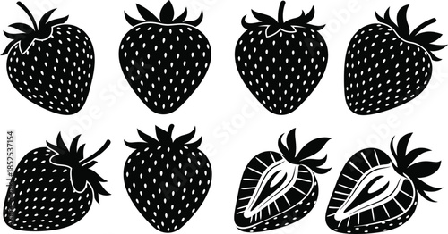 Black strawberry illustrations in various poses on transparent background silhouette