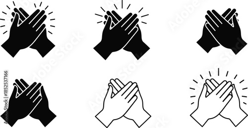 Six clapping hands in various positions on transparent background silhouette