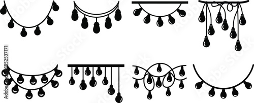 Black string lights collection with decorative bulbs silhouette on transparent background