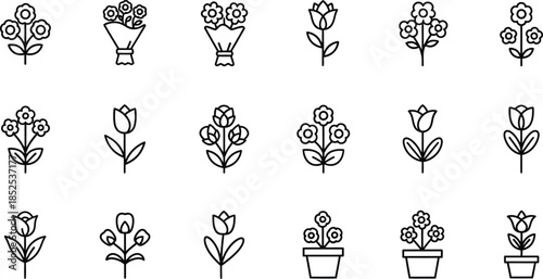 Collection of floral line icons various flower arrangements on transparent background silhouette