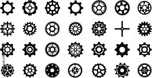 Collection of black gear icons with various designs on transparent background silhouette