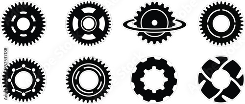 Collection of black mechanical gears and a planet on transparent background silhouette