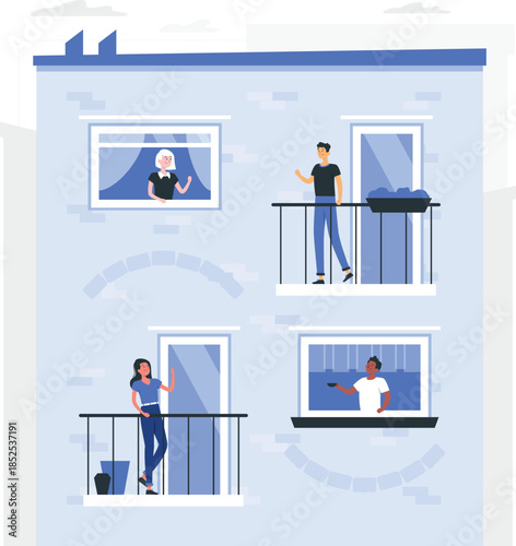 People on balconies waving and looking out windows