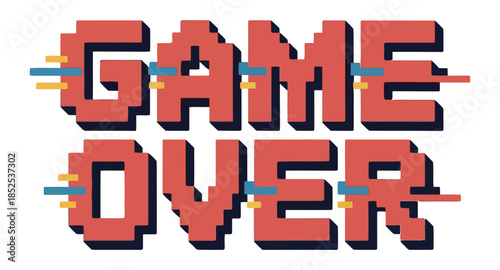 Pixelated 'Game Over' text with motion lines signifying a conclusion