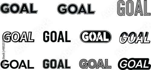 Multiple goal text designs with varying styles on transparent background silhouette