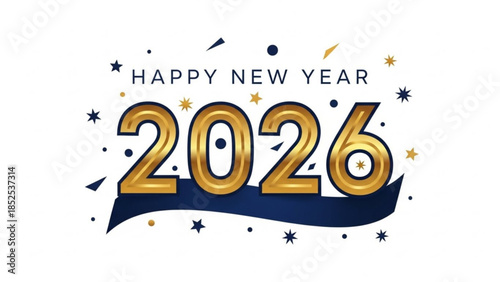 Happy new year 2026 gold shiny numbers with confetti and stars on white background