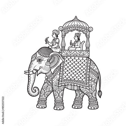 Traditional Indian decorated elephant with king in howdah. Royal procession line art drawing. Black and white vector illustration for coloring book.
