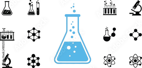 Chemistry lab equipment icons set including beakers and flasks on transparent background silhouette
